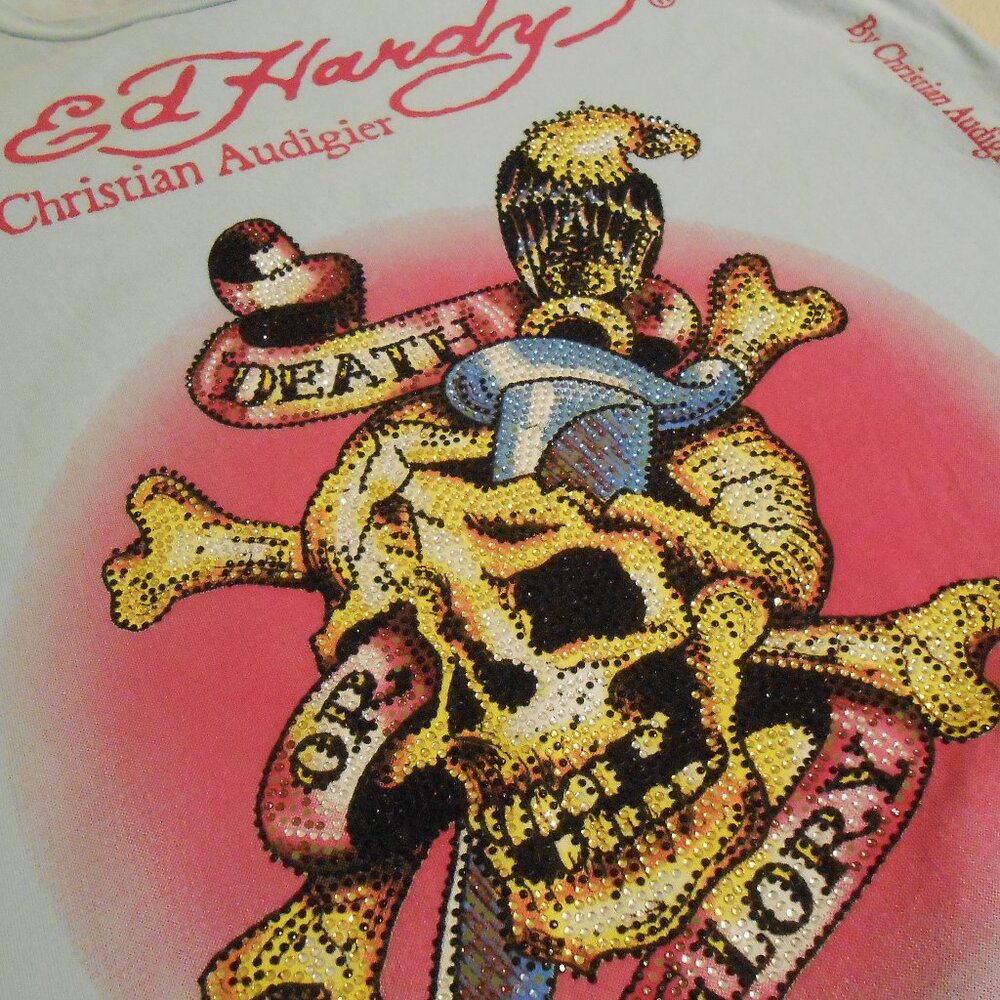 Ed Hardy By Christian Audigier Crystals Light Blue Tee